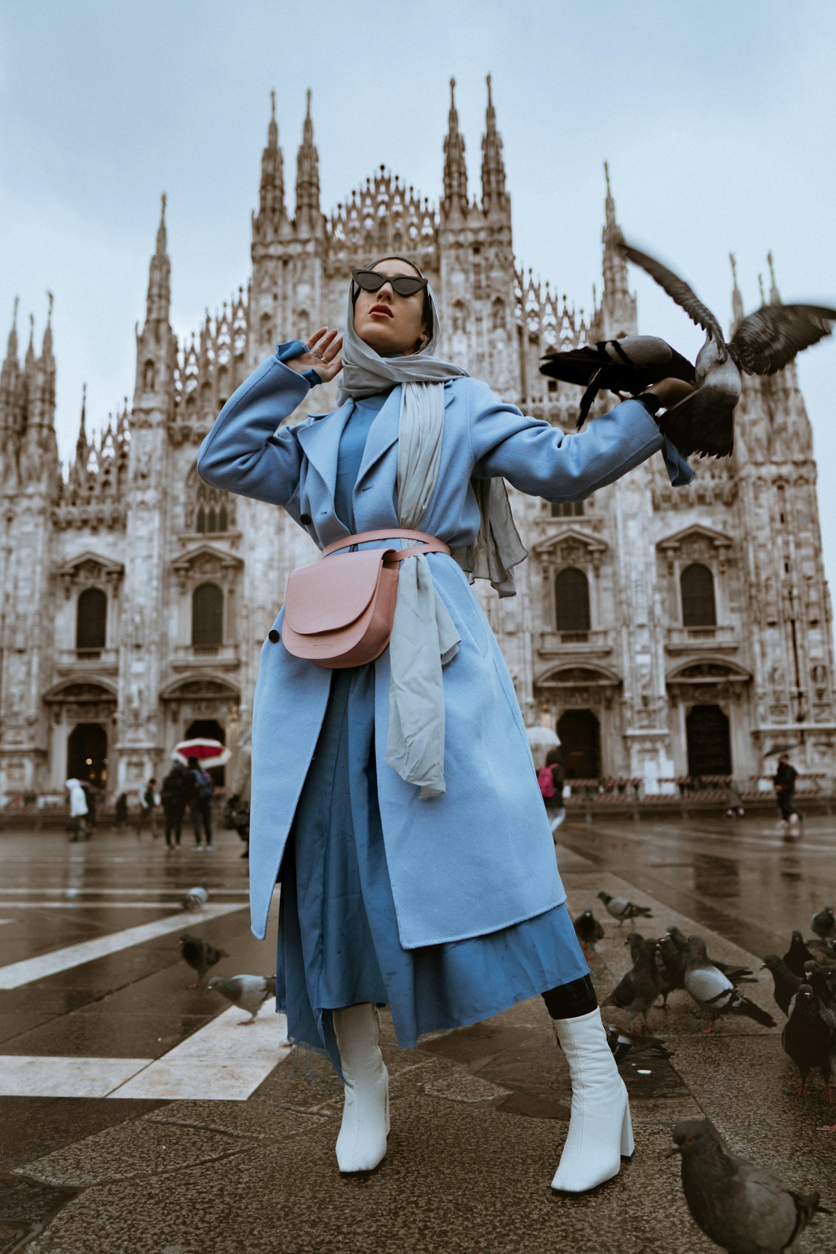 Aurelia Metallic Yoke Straight Suit Set in Powder Blue & Silver